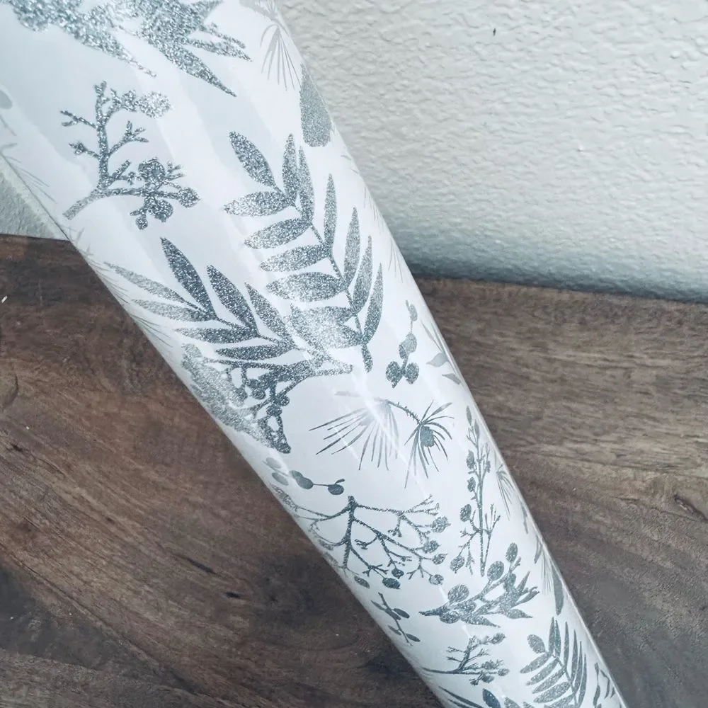 Christmas Holiday Silver Glitter Botanical Gift Wrap Wrapping Paper Roll